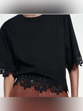 Zara Black Lace Trim Blouse Sz XL Cotton Short Sleeve Boxy Witchy NWT Minimalist